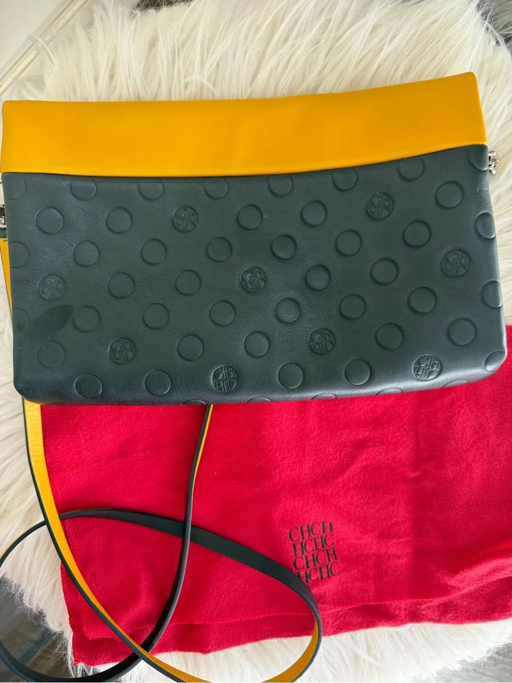 Carolina Herrera White Pebbled Leather Clutch with Yellow Trim